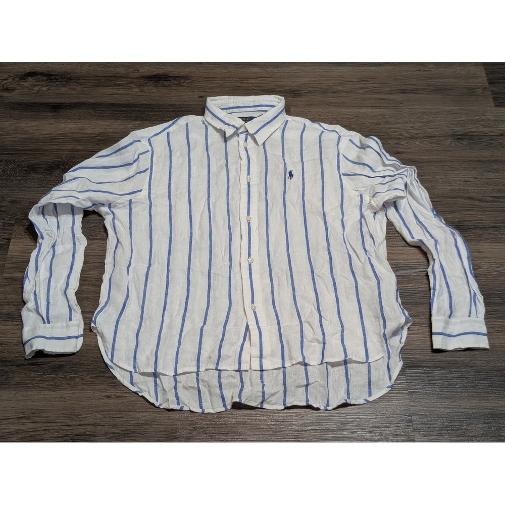 Polo Ralph Lauren Mens Small Linen Striped Button Down Shirt White Blue Pony